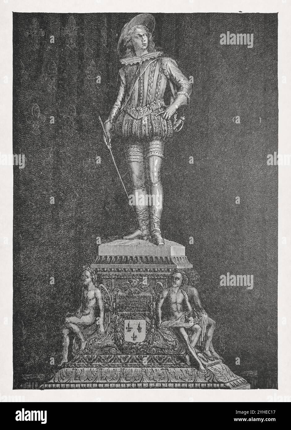 Gravure d'après un dessin de M. E. Garnier représentant la statue en argent de Louis XIII réalisée par François rude au XIXe siècle. Banque D'Images