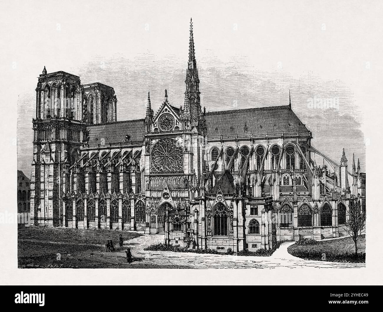 Gravure représentant la vue latérale de notre-Dame de Paris. Banque D'Images