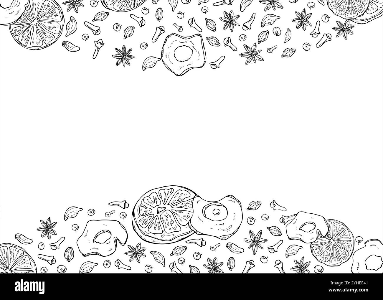 Fruits secs monochromes avec bordure horizontale de vecteur d'épices d'hiver peinte par des encres noires. Bâtonnets de cannelle, tranches d'orange et de pomme séchées, cardamome Illustration de Vecteur