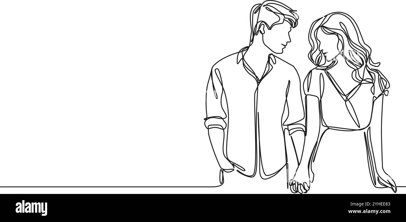 dessin continu d'une seule ligne de jeune homme et femme tenant la main tout en se regardant, illustration vectorielle d'art au trait Illustration de Vecteur