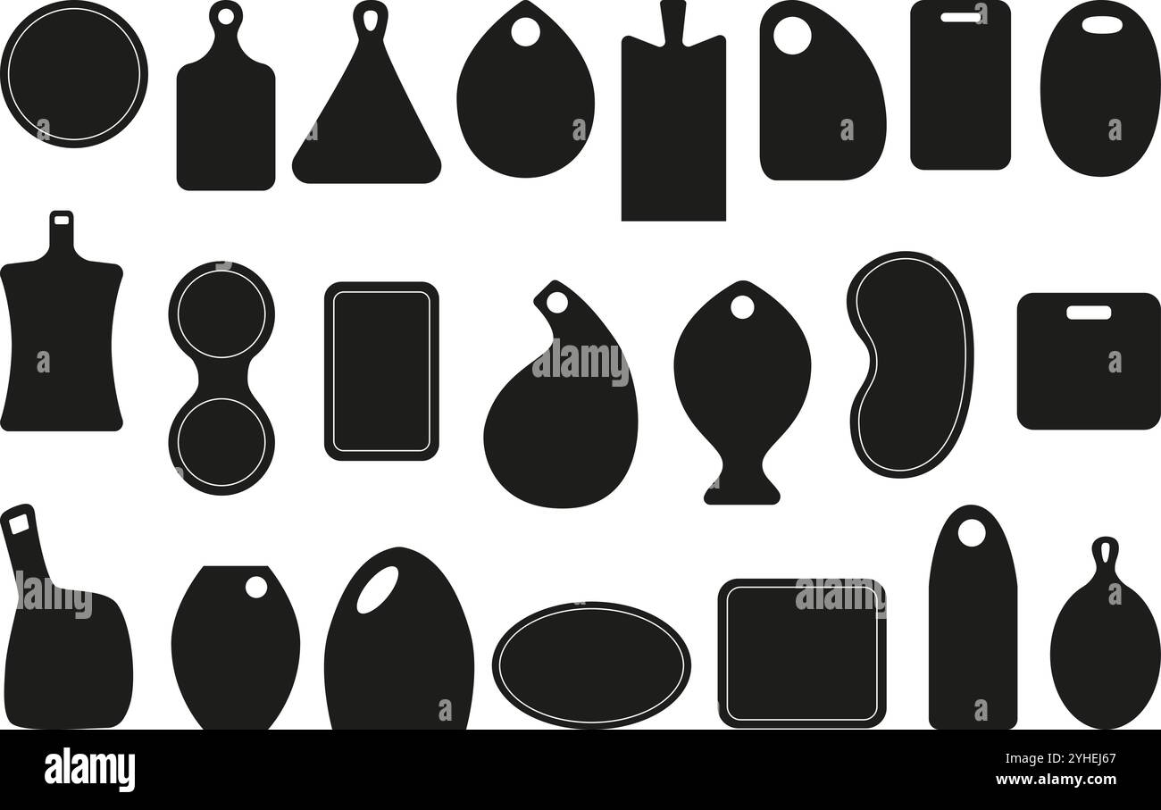 Planches à découper silhouettes noires. EQUIPEMENT de cuisine pour produits alimentaires coupés et servir. Différentes formes de conseil pour logo, badges ensemble de vecteurs néotériques Illustration de Vecteur