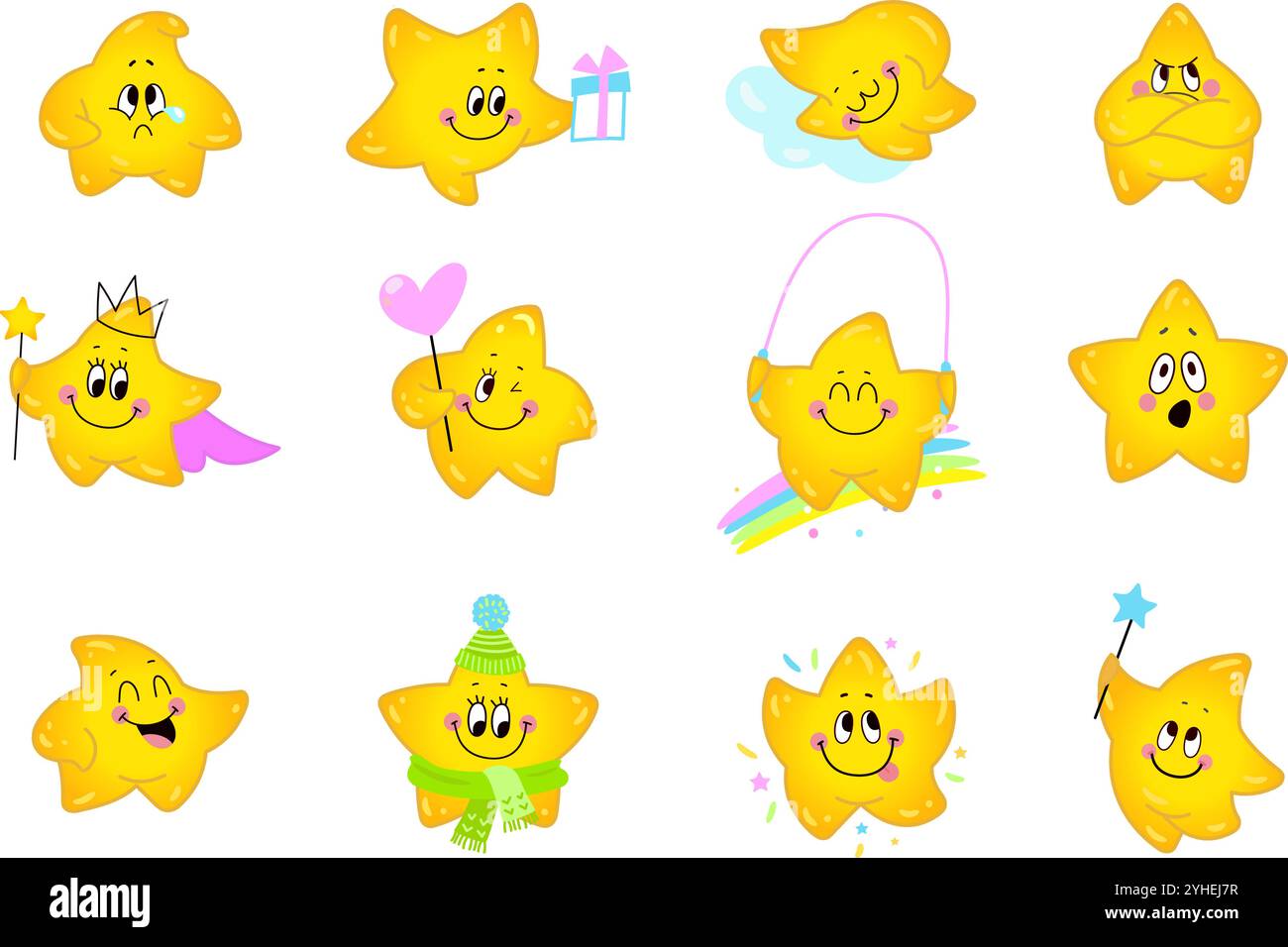 Dessins animés drôles d'étoiles. Jolie étoile jaune diverses poses et émotions. Mascottes d'enfants, personnages kawaii Smile Cry surpris, ensemble vectoriel de nos jours Illustration de Vecteur