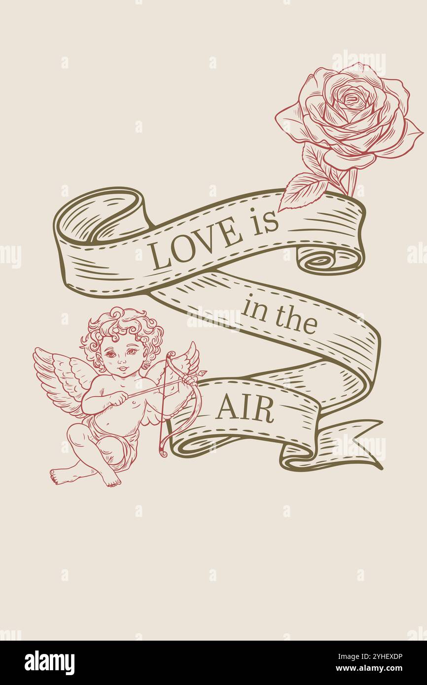 Carte de Saint-Valentin « Love is in the Air ». En style de gravure rétro. Illustration vectorielle Illustration de Vecteur