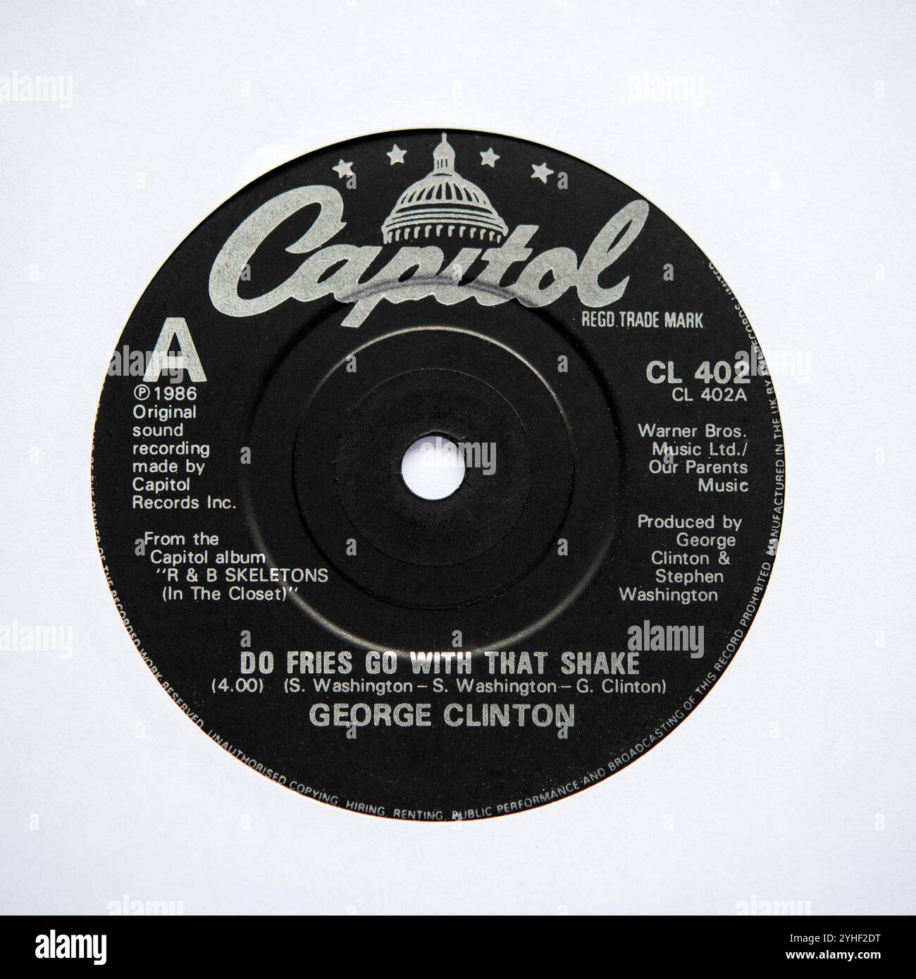 Label central de la version single de sept pouces de Do Fries Go with That Shake de George Clinton, sorti en 1986 Banque D'Images