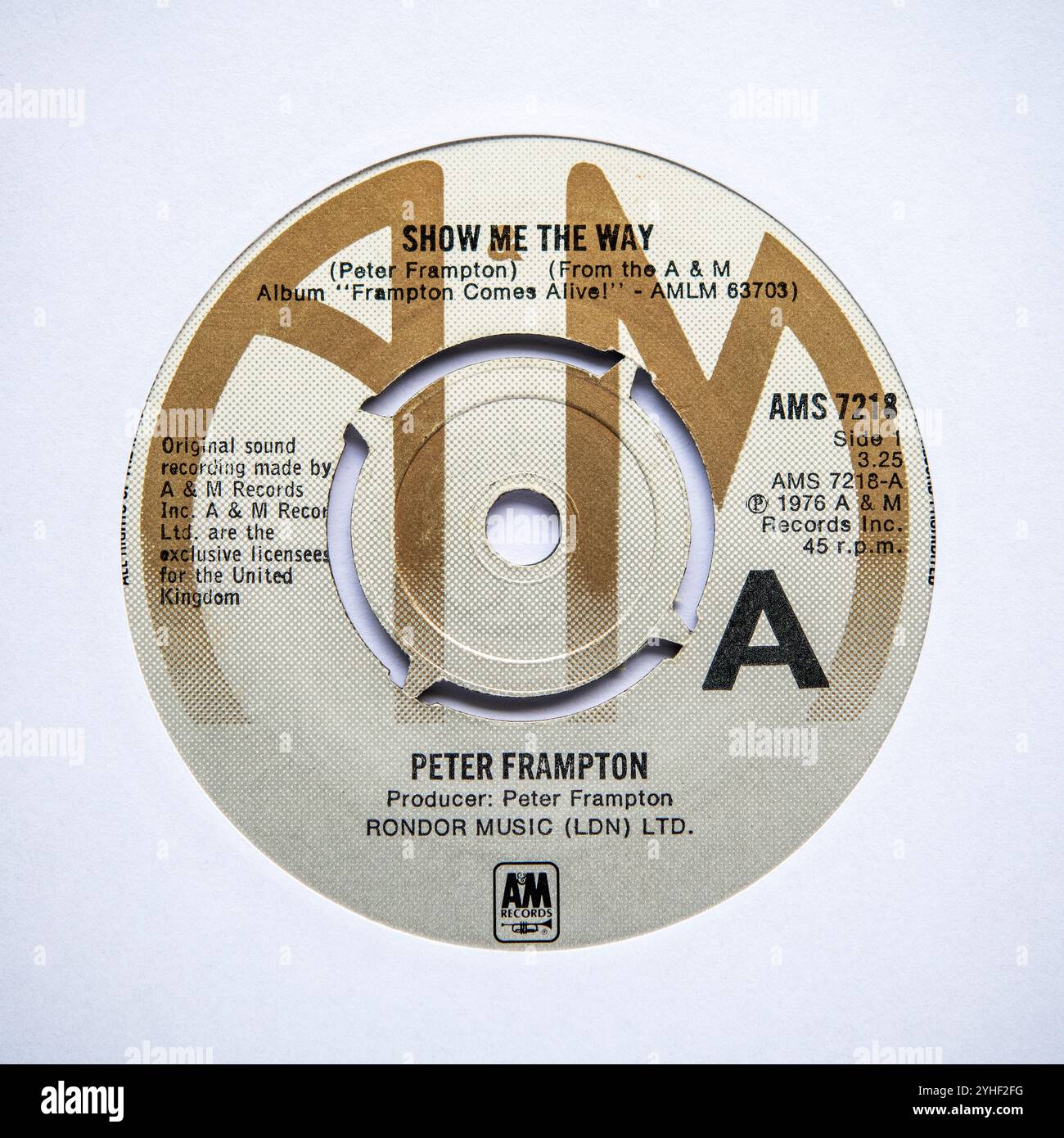 Label central de la version single de sept pouces de Show me the Way de Peter Frampton, sorti en 1976 Banque D'Images