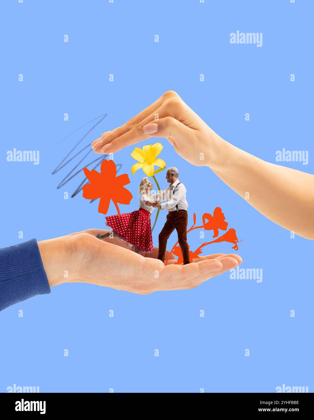 Mains tenant le couple âgé, symbolisant les soins, le soutien et la sécurité dans le bien-être mental et l'aide psychologique aux personnes âgées. Collage d'art contemporain. Banque D'Images