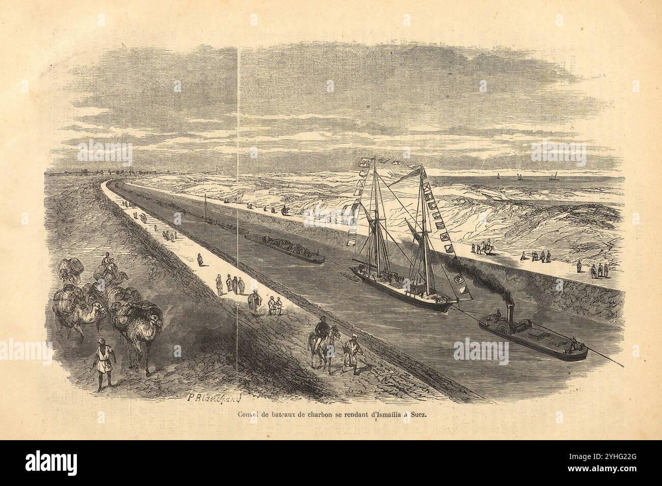 Convoi de charbonniers allant d'Ismailia à Suez, lors de la construction du canal de Suez. Archive illustration du canal maritime de Suez illustré, histoire du canal et de ses œuvres par Marius Fontane, 1869 Banque D'Images