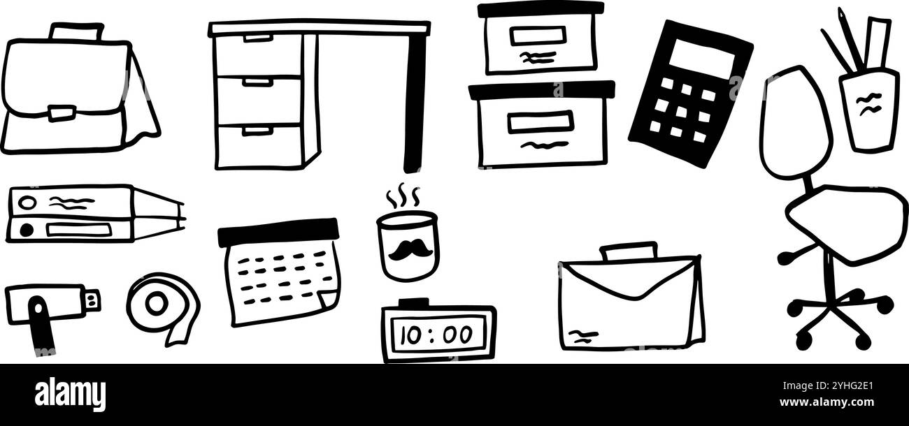 Office Objects Theme illustration Pack | vecteur minimaliste de style Doodle Illustration de Vecteur