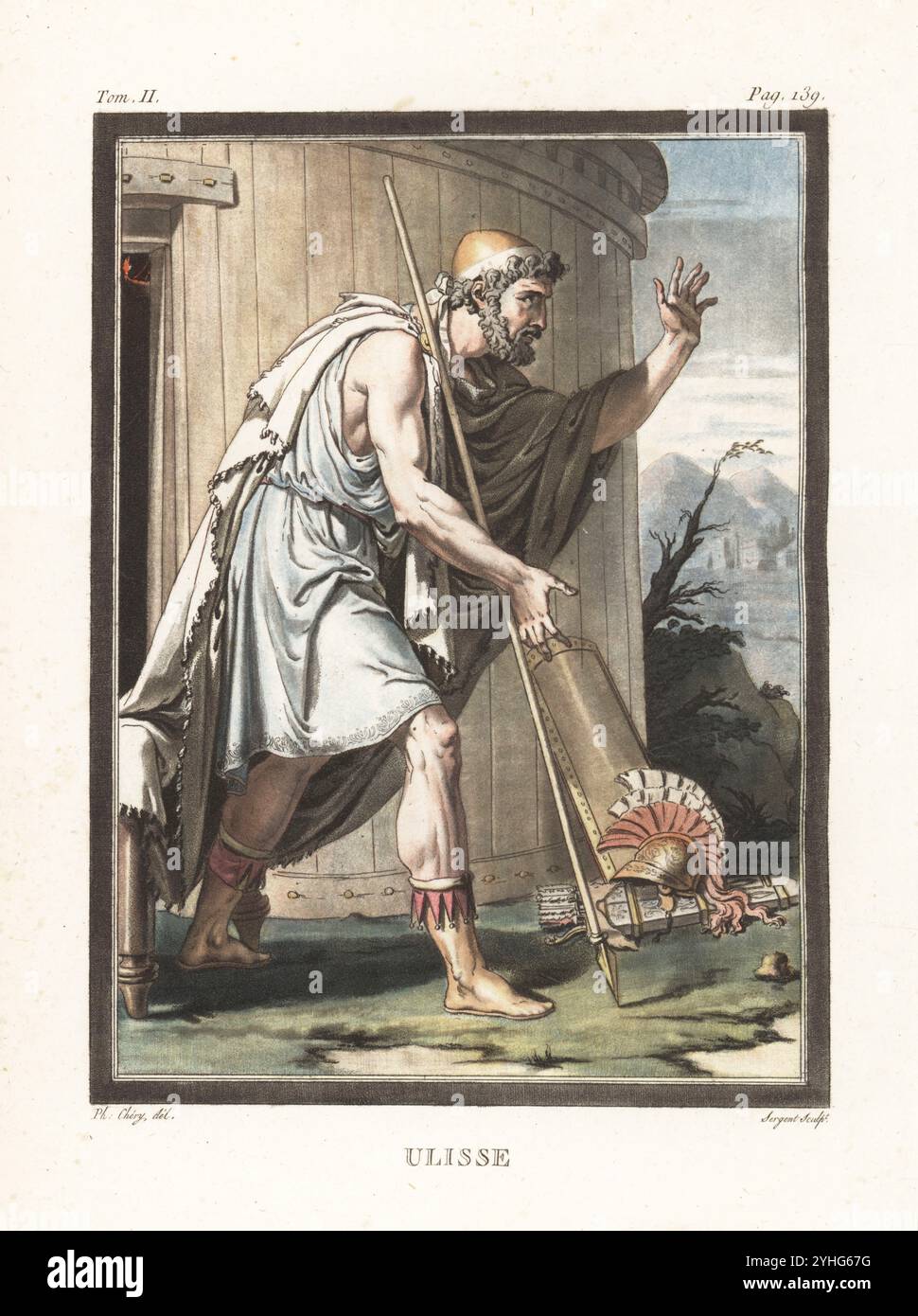 Ulisse, roi grec d'Ithaque dans la guerre de Troie, personnage dans la tragédie de racine Iphigénie, Iphigénie, 1674. En casque, manteau, tunique courte, bottes, tenant une lance. Devant un campement militaire en bois, avec bouclier, casque et carquois de flèches. Odysseus ou Ulysse. Gravure sur cuivre colorée à la main par Sergent d’après une illustration de Philippe Chéry tirée des recherches sur les costumes et sur les théâtres de toutes les Nations de Jean-Charles le Vacher de Charnois, M. Drouhin, Paris, 1790. Banque D'Images