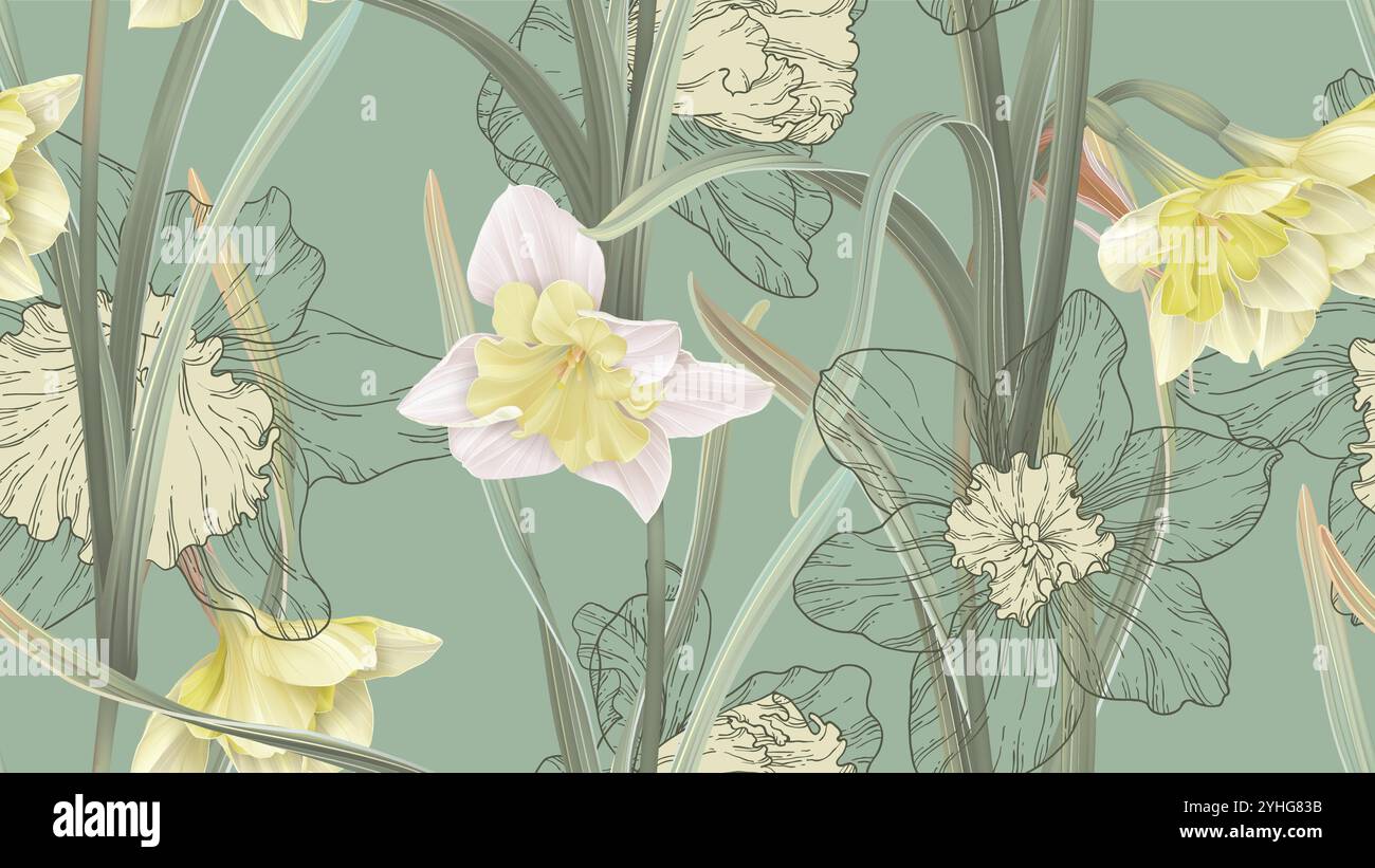 Motif floral sans couture, fleurs de jonquille avec des feuilles sur vert Illustration de Vecteur