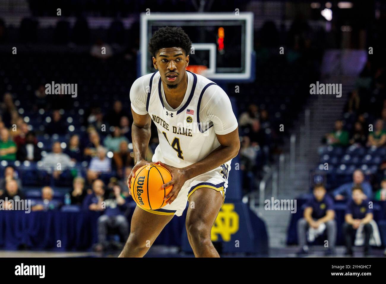 South Bend, Indiana, États-Unis. 11 novembre 2024. L'attaquant de notre Dame Kebba Njie (14 ans) lors d'un match de basket-ball de la NCAA entre les Buffalo Bulls et les notre Dame Fighting Irish au Purcell Pavilion au Joyce Center à South Bend, Indiana. John Mersits/CSM/Alamy Live News Banque D'Images