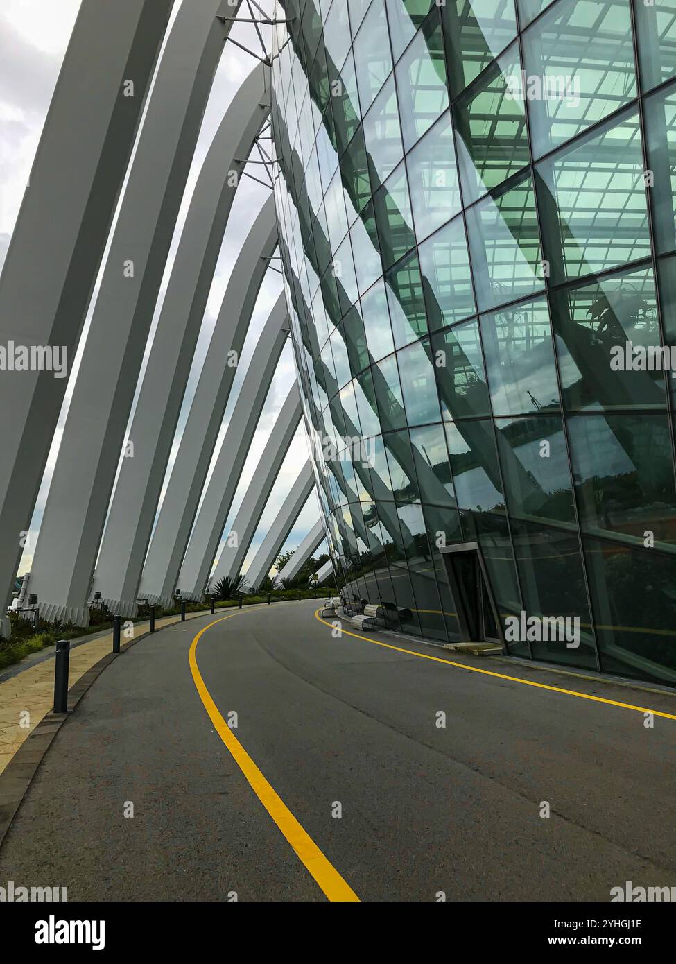 Route asphaltée jusqu'à l'entrée du Cloud Forest Flower Dome à Gardens by the Bay, Singapour. Banque D'Images