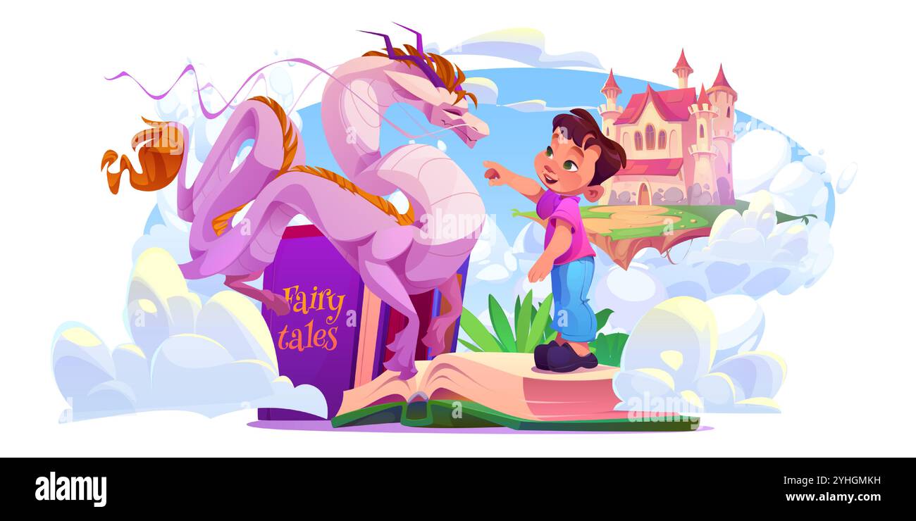 Magique dragon violet émerge d'un livre de conte de fées ouvert tout en souriant enfants debout regarder. Le château rose flotte dans un fond de ciel nuageux. Histoire enchanteresse pour les enfants ou expérience de lecture de légendes. Illustration de Vecteur