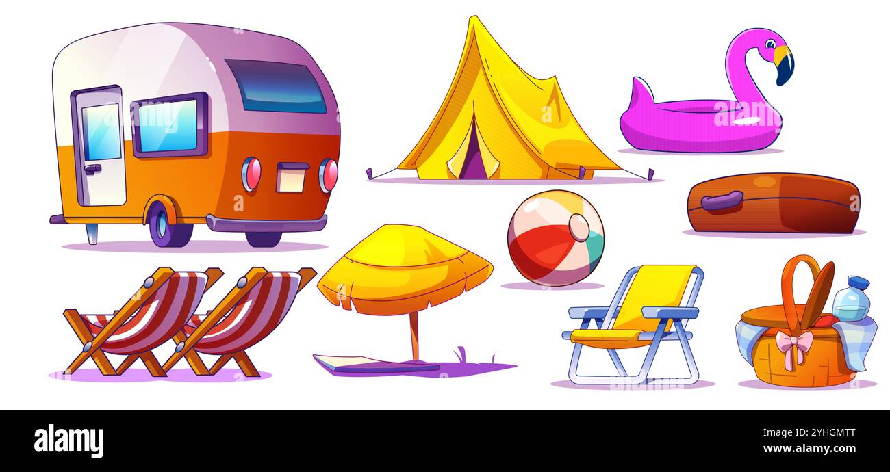 Ensemble de trucs de voyage d'été de dessin animé. Éléments de conception de voyage de loisirs - camping-car et tente, chaises de plage rayées et parasol, boule gonflable et anneau de flamant rose, panier pique-nique avec nourriture et boisson. Illustration de Vecteur