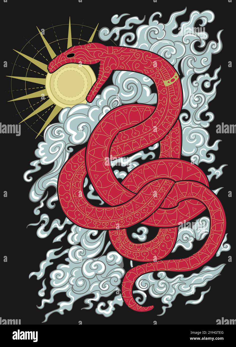 Illustration vectorielle colorée dessinée à la main avec soleil, nuages et serpent - symbole de l'année selon l'horoscope oriental. Illustration graphique avec ésotérique, Illustration de Vecteur
