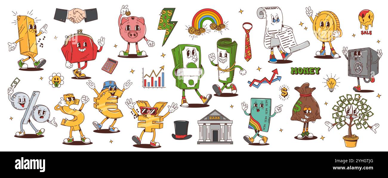 Personnages de finance rétro groovy, argent hippy psychédélique et personnages vectoriels de banque. Pièces de monnaie groovy de dessin animé, portefeuille, carte de crédit et tirelire. Symboles de devise Hippie dollar, euro et yen Illustration de Vecteur
