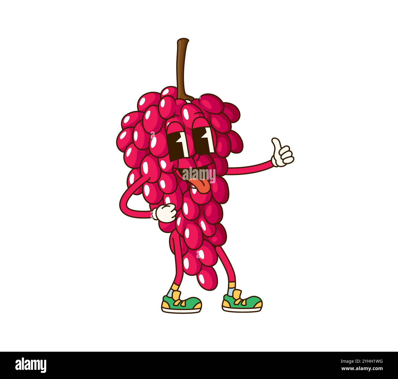 Personnage de fruit de raisin rétro groovy de dessin animé avec sourire funky sur le visage, emoji vecteur. Grappes de raisins groovy avec expression originale de la langue et du pouce vers le haut geste pour des fruits comiques dans le dessin animé rétro des années 70 Illustration de Vecteur