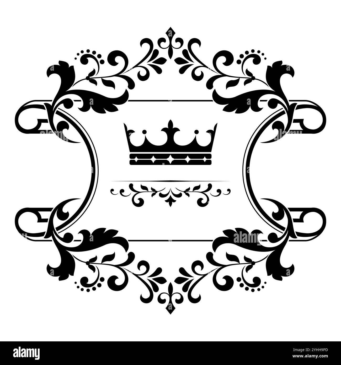Couronne noire dans un cadre vintage sur un fond blanc. Illustration de Vecteur