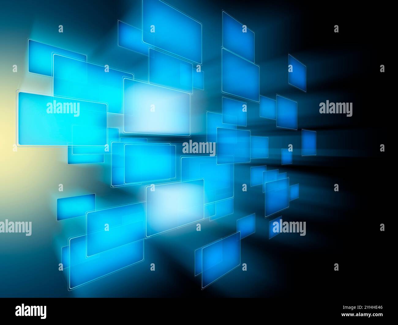 Lumière rayonnante et un groupe d'écrans flottants dans l'espace Banque D'Images