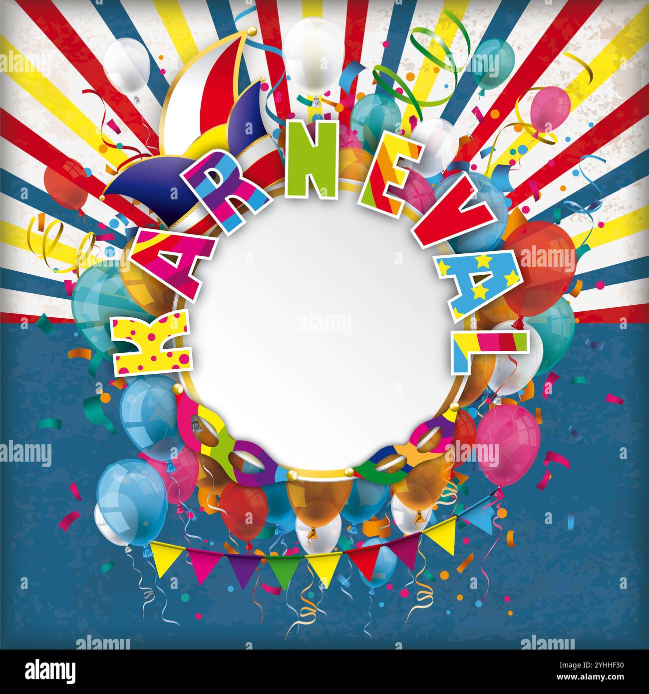 Papier cercle Jesters Cap ballons Confetti Karneval Retro Sun texte allemand Karneval traduire Carnaval. Banque D'Images