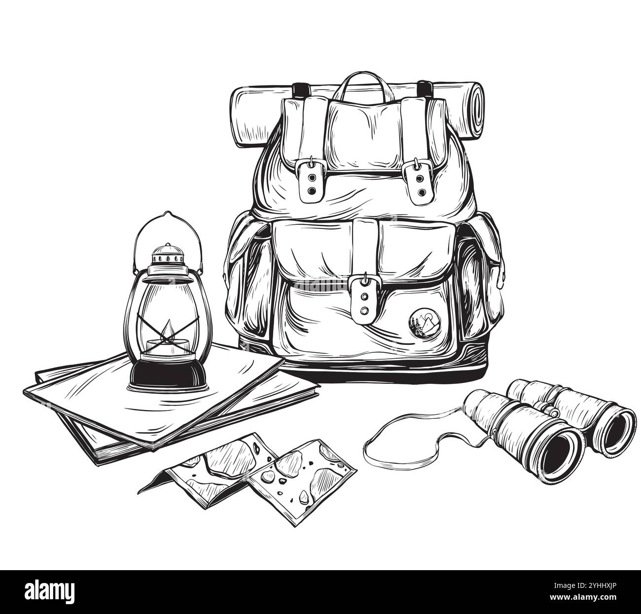 Composition touristique avec sac à dos et binoculaire. Lampe de randonnée et différents livres noirs blancs dans un style linéaire. Illustration vectorielle de carte en linéaire Illustration de Vecteur