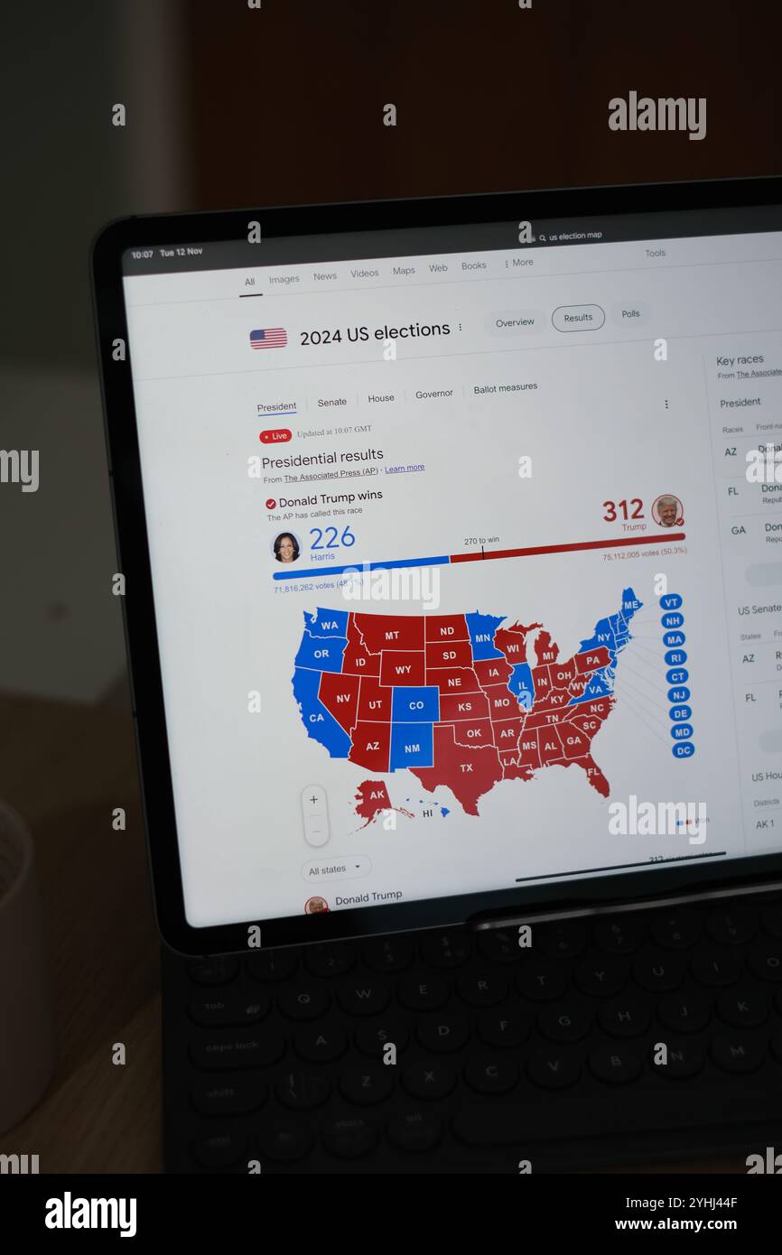 New York, États-Unis - 9 novembre 2024 - la carte finale des résultats des élections américaines de 2024, montrant les résultats par État. Banque D'Images