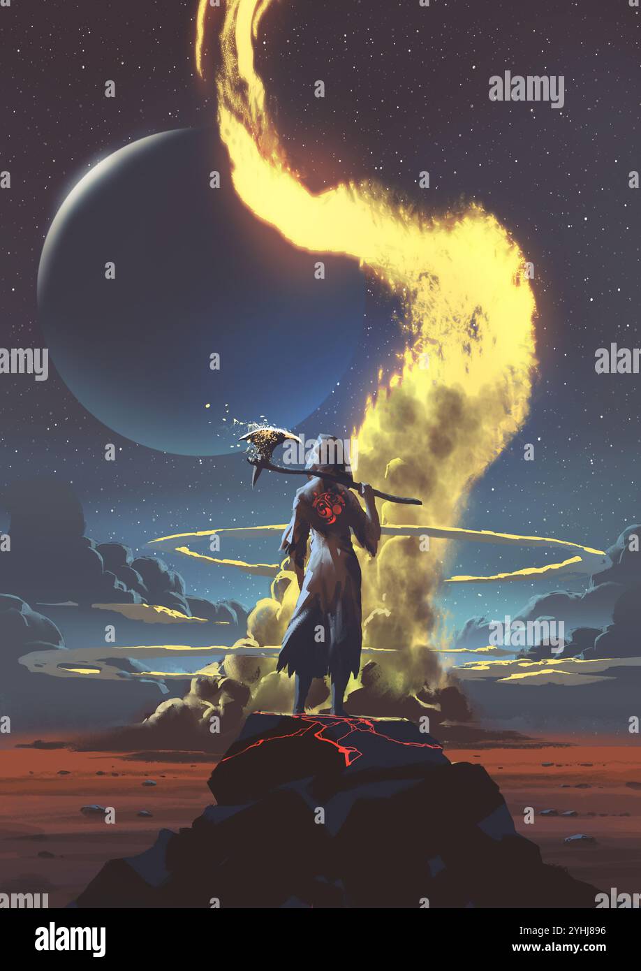 Une puissante sorcière saisit une hache dans un paysage magique et surnaturel, exsudant mystère et énergie surnaturelle, style d'art numérique, peinture d'illustration Banque D'Images