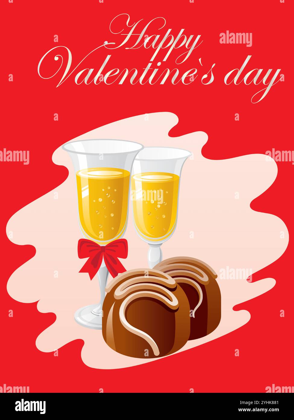 Fond rouge avec un arc blanc et rouge et deux verres de champagne. Les verres sont remplis de champagne et il y a deux truffes au chocolat sur le th Illustration de Vecteur