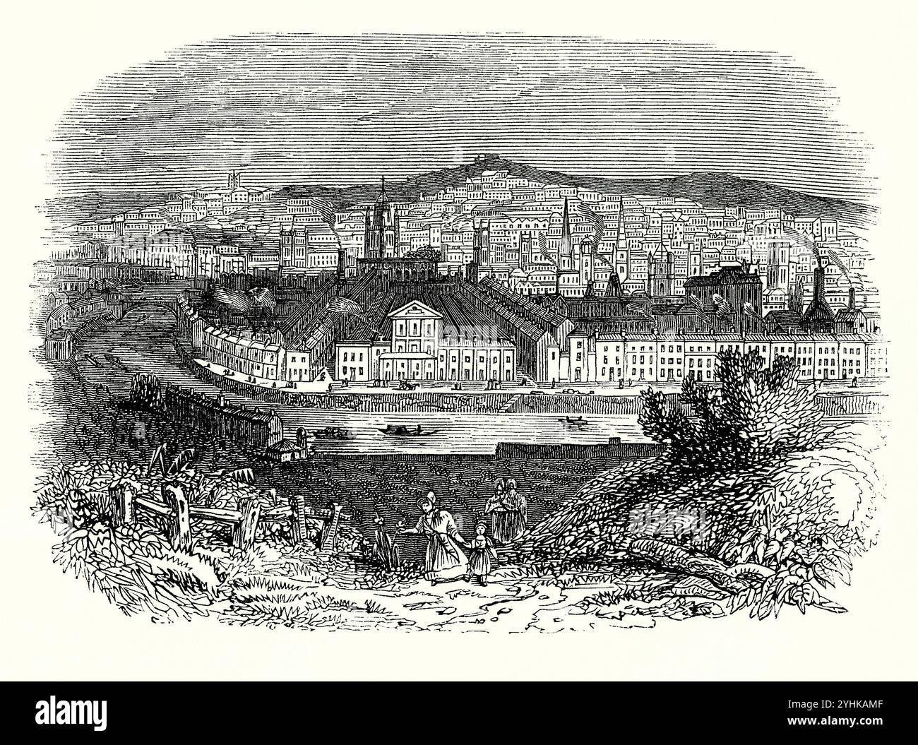 Bristol et la rivière Avon - une ancienne gravure vers 1830. La principale industrie de Bristol était le commerce maritime et, au plus fort de la traite des esclaves, de 1700 à 1807, plus de 2 000 navires négriers transportèrent environ 500 000 personnes d'Afrique à l'esclavage dans les Amériques. Banque D'Images