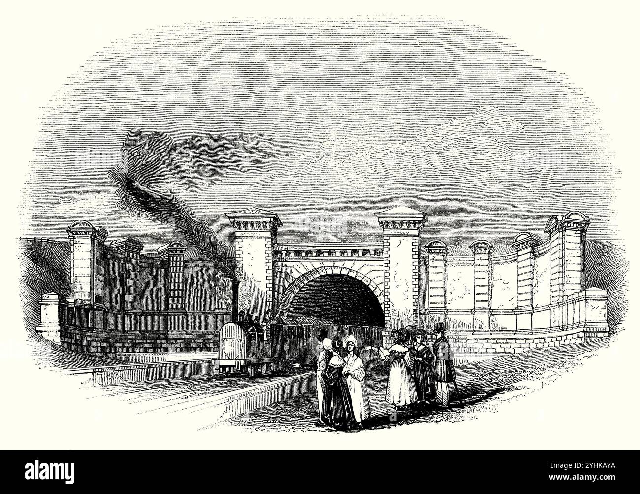 Le portail est original du tunnel de Primrose Hill, Londres - une ancienne gravure vers 1840. Le tunnel ferroviaire a été le premier et un grand exploit d'ingénierie à Londres en son temps. Le tunnel était difficile et dangereux à construire en raison des conditions du sol. Il a été achevé en 1837. Banque D'Images