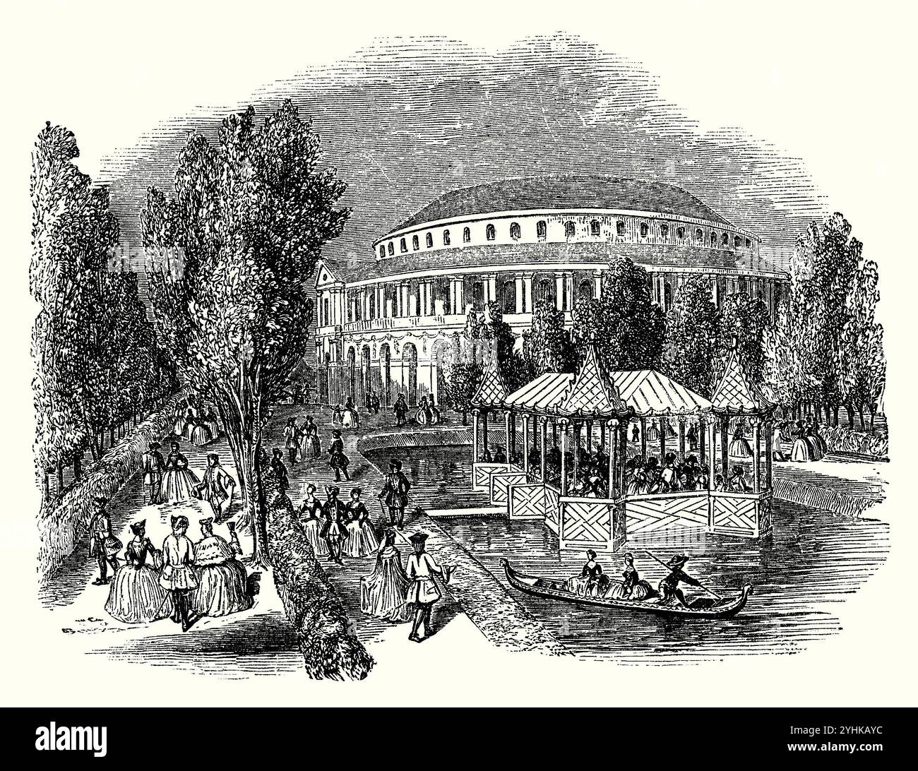 Une ancienne gravure de la rotonde des jardins de Ranelagh, Chelsea, Londres, Angleterre, Royaume-Uni vers 1750. Les jardins étaient des terrains de plaisance publics situés à Chelsea, qui à cette époque était juste à l'extérieur de la ville. Ranelagh House a été construit sur ce site en 1688–89 par le comte de Ranelagh. En 1741, la maison et le terrain ont été achetés par un syndicat et les jardins ont été ouverts au public l'année suivante. La pièce maîtresse de Ranelagh était une rotonde rococo. Banque D'Images