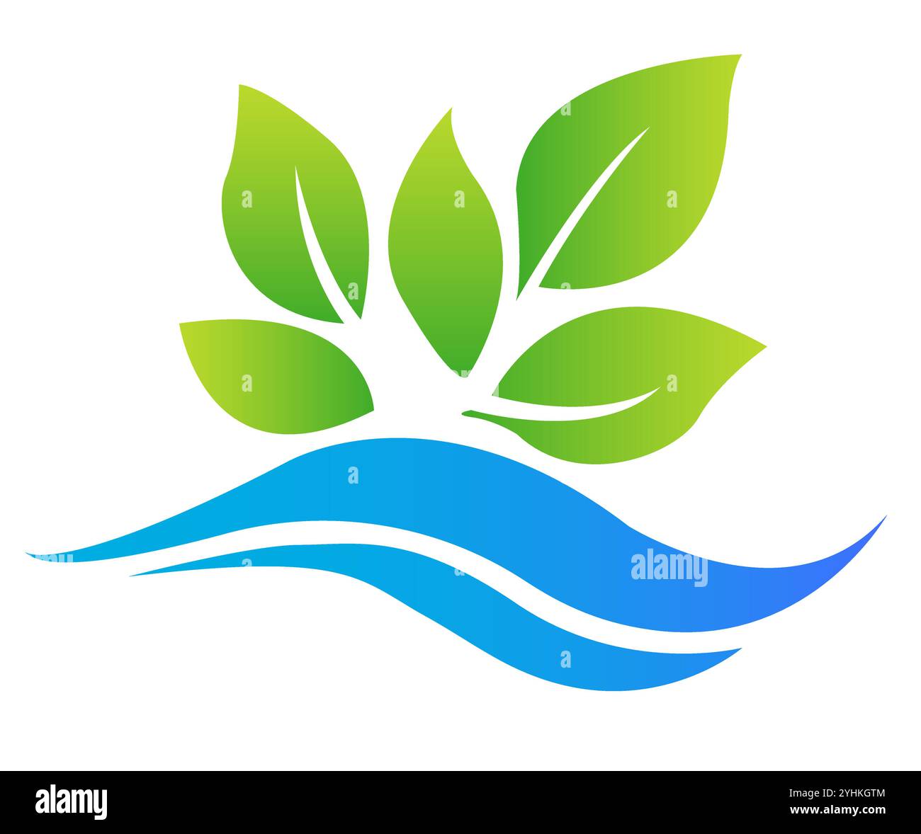 Cette image présente un logo stylisé avec des feuilles vertes au-dessus de l'eau bleue qui coule. Le design est moderne et épuré, placé sur un fond blanc Illustration de Vecteur