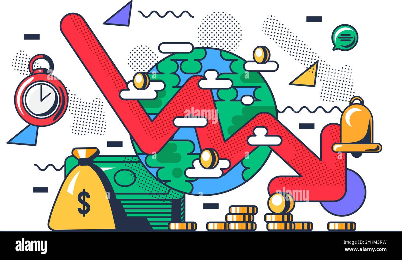 Graphique de la chute des prix des actifs et de la récession mondiale à venir. Inflation et dépréciation du pouvoir d'achat de la monnaie. Vecteur de contraste conceptuel illustr Illustration de Vecteur