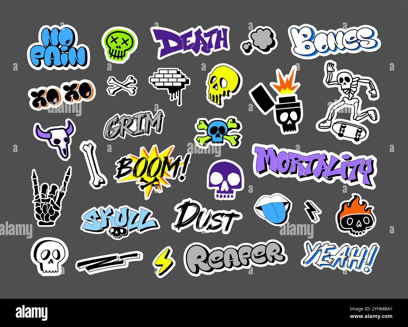 Autocollants crâne graffiti. Décalcomanies Street art avec des crânes et des os, tatouage pop punk rebelle et illustrations vectorielles de style urbain extrême dessinées à la main Illustration de Vecteur