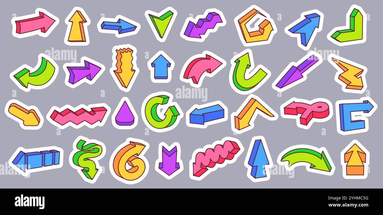 Flèches autocollantes 3D graffiti rétro. Symboles directionnels colorés, pointeurs courbés, droits, zigzag et en forme de flèche circulaire pour suivant, boucle, retour, tour Illustration de Vecteur