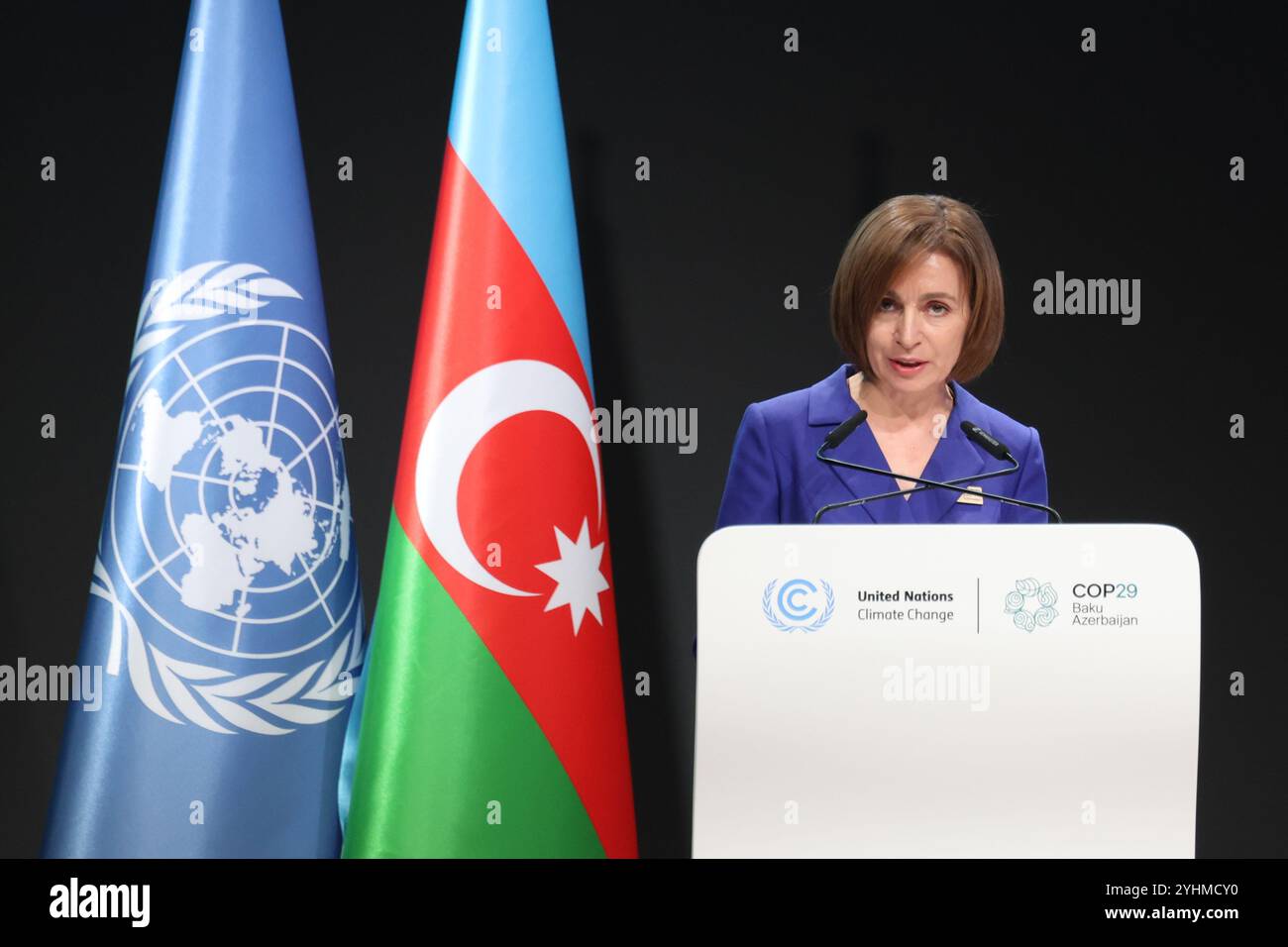 Bakou, Azerbaïdjan, 12 novembre 2024. Maia Sandu, Présidente de la République de Moldavie, prend la parole lors de la première partie du segment de haut niveau de la Conférence des Nations Unies sur les changements climatiques dans la salle plénière de Nizami pendant la COP29, un événement organisé par la CCNUCC au stade olympique de Bakou. La COP29, qui se déroulera à partir de novembre 11-22, se concentre sur la recherche d’énergie propre de compensation carbone. Crédit : Dominika Zarzycka/Alamy Live News Banque D'Images