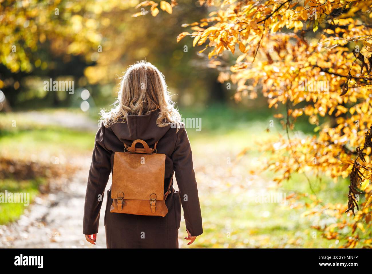 Femme élégante avec manteau brun et sac à dos promenades dans le parc d'automne. Beauté et mode de vie Banque D'Images