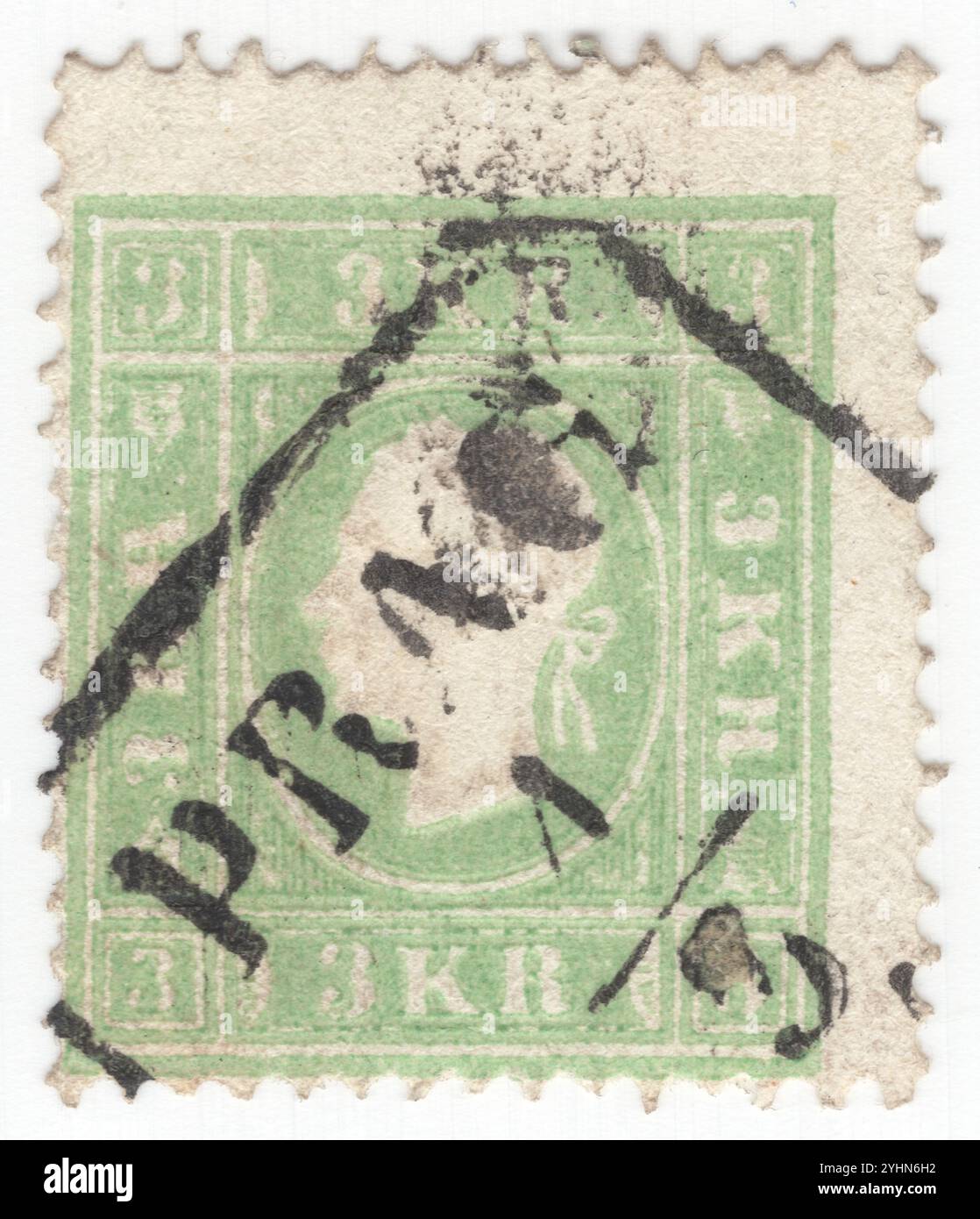 AUTRICHE — 1859 mars 16 : timbre-poste vert à 3 kreuzer représentant un portrait en relief du jeune empereur monarque autrichien Franz Josef. François Joseph Ier ou François Joseph Ier fut empereur d'Autriche, roi de Hongrie et des autres états de la monarchie des Habsbourg du 2 décembre 1848 jusqu'à sa mort le 21 novembre 1916. Dans la première partie de son règne, ses royaumes et territoires ont été désignés comme l'Empire autrichien, mais ont été reconstitués comme la double monarchie de l'Empire austro-hongrois en 1867. Du 1er mai 1850 au 24 août 1866, François-Joseph est également président de la Confédération allemande Banque D'Images