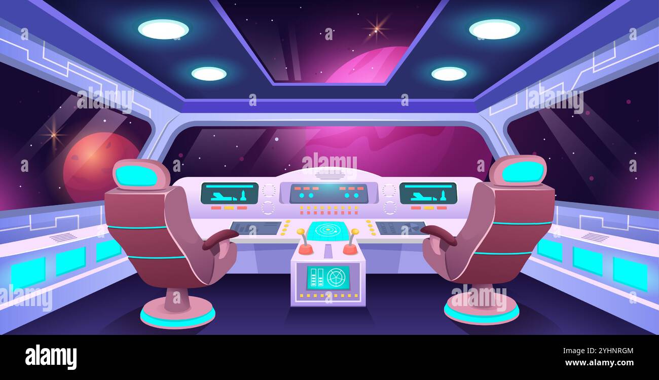 Intérieur du cockpit de vaisseau spatial. Panneaux de commande futuristes de la station spatiale, chaises de pilote et vue cosmique de planètes lointaines à travers les fenêtres de la cabine. Espace Illustration de Vecteur