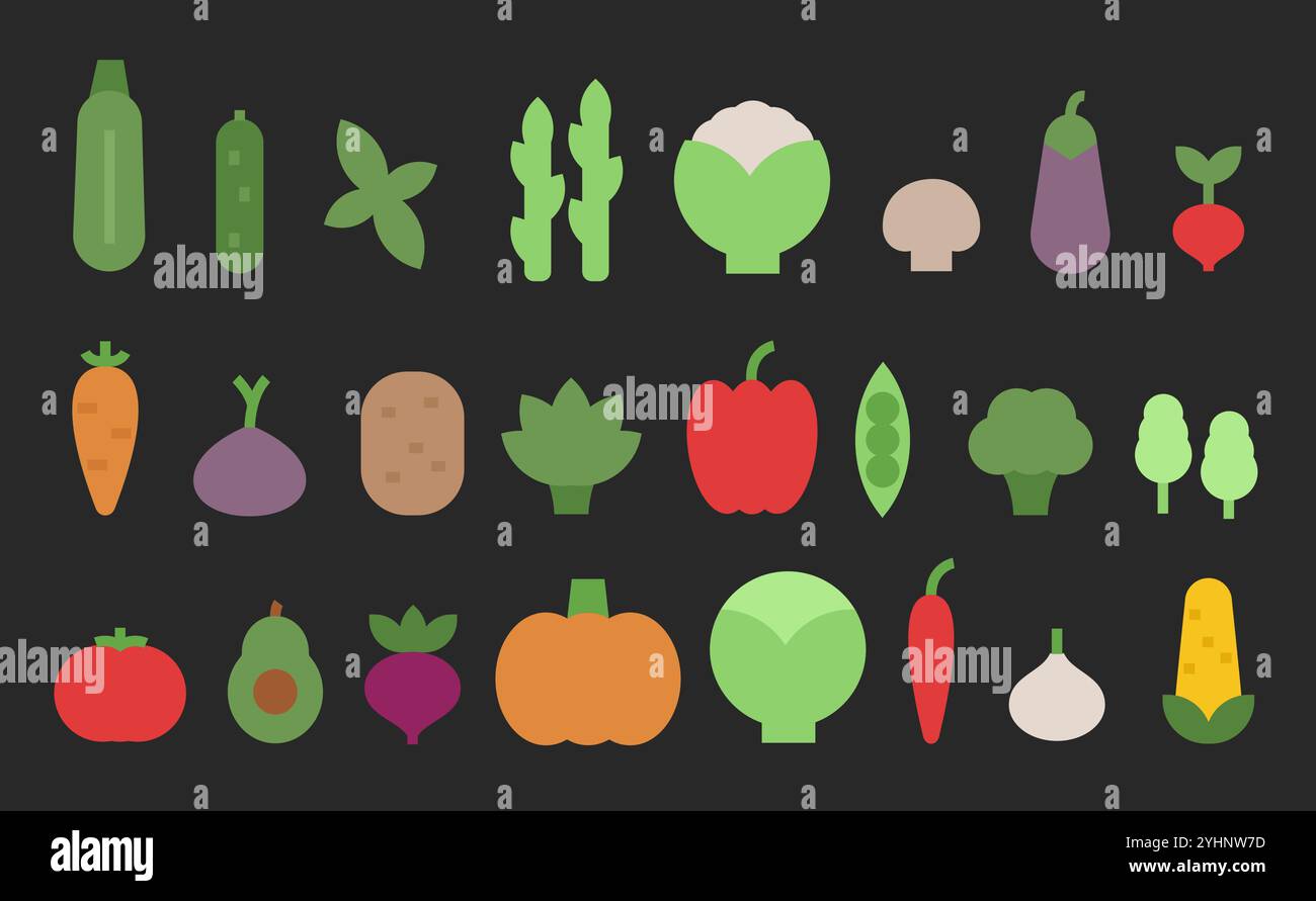 Icônes plates végétales minimalistes. Marché de la ferme aliments frais, légumes biologiques et produits de légumes verts, des symboles plats de nourriture saine pour culinaire et Illustration de Vecteur