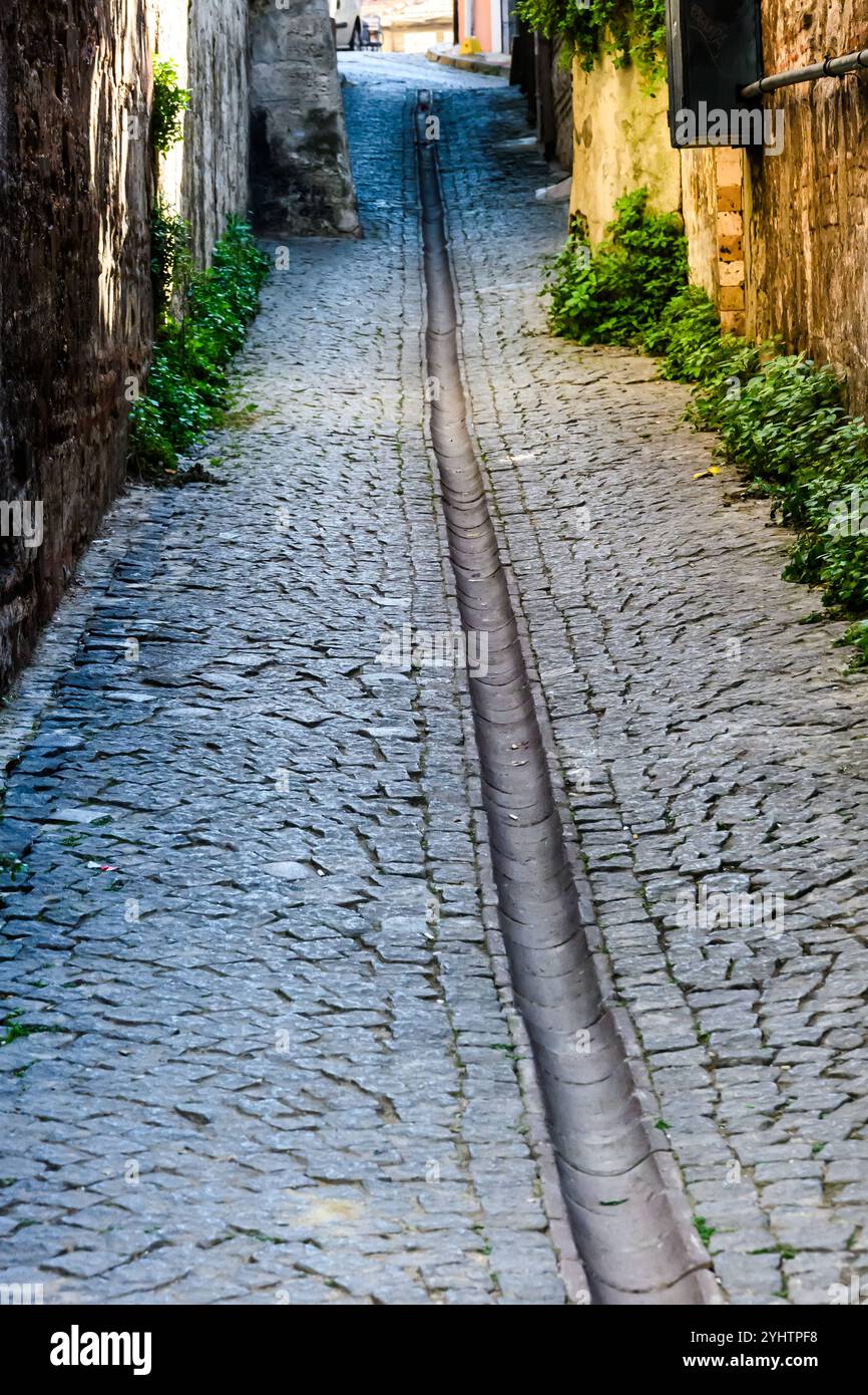 23/10/2024. District de Fatih, Istanbul, Turquie. Une ancienne ruelle pavée, avec gouttière centrale, Şht. Çeşmesi Sokağı. Photo : © Simon Grosset Banque D'Images