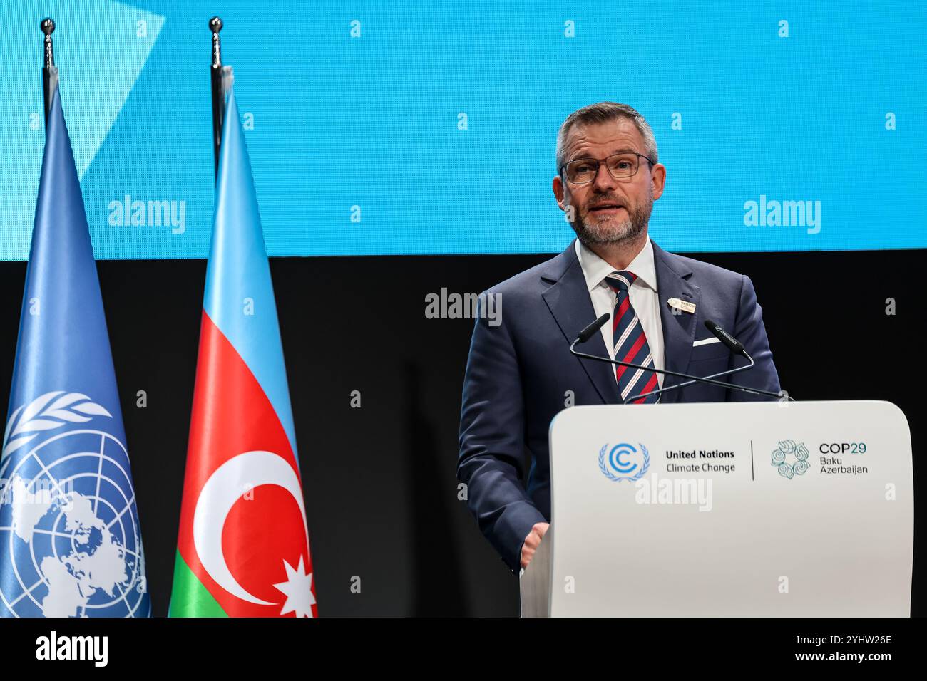 Bakou, Azerbaïdjan. 12 novembre 2024. Peter Pellegrini, Président de la Slovaquie, prend la parole lors de la première partie du segment de haut niveau de la Conférence des Nations Unies sur les changements climatiques dans la salle plénière de Nizami pendant la COP29, un événement organisé par la CCNUCC au stade olympique de Bakou. La COP29, qui se déroulera à partir de novembre 11-22, se concentre sur la recherche d’énergie propre de compensation carbone. (Photo de Dominika Zarzycka/SOPA images/Sipa USA) crédit : Sipa USA/Alamy Live News Banque D'Images