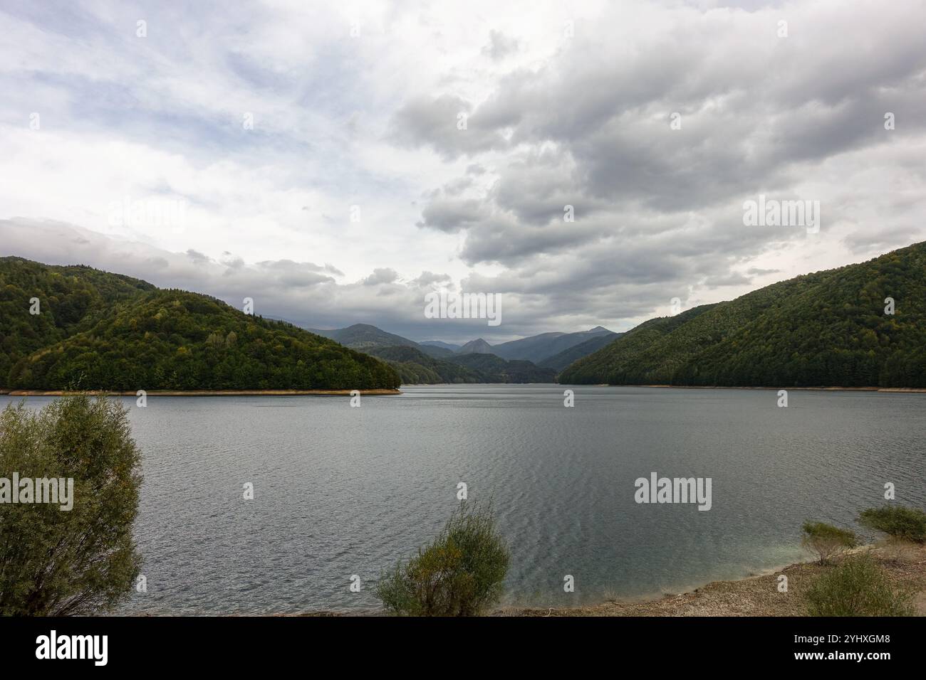 Vue panoramique sur un lac de barrage calme le long de la Cerna entouré de montagnes verdoyantes sous un ciel nuageux, créant un paysage naturel tranquille et serein Banque D'Images