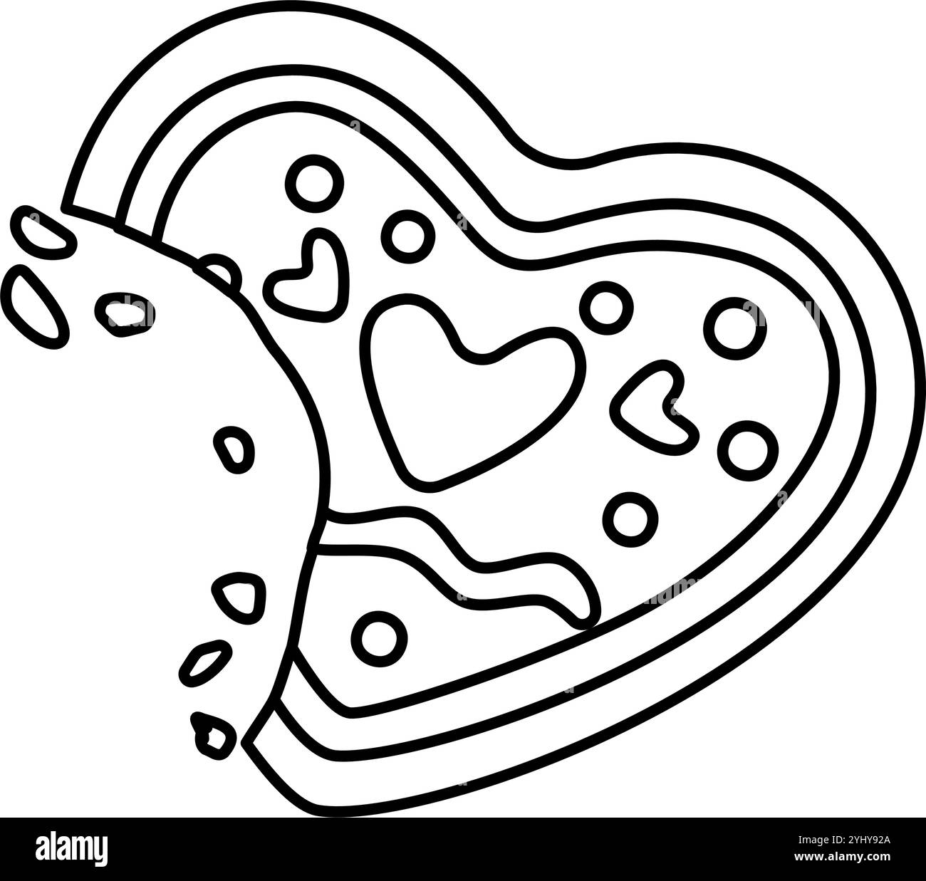 Tordu cœur en pain d'épices mordu. Cuisson isolée des fêtes dessinée à la main en noir et blanc. Coloriage art thérapie, ligne art Noël doux. Illustration vectorielle Illustration de Vecteur