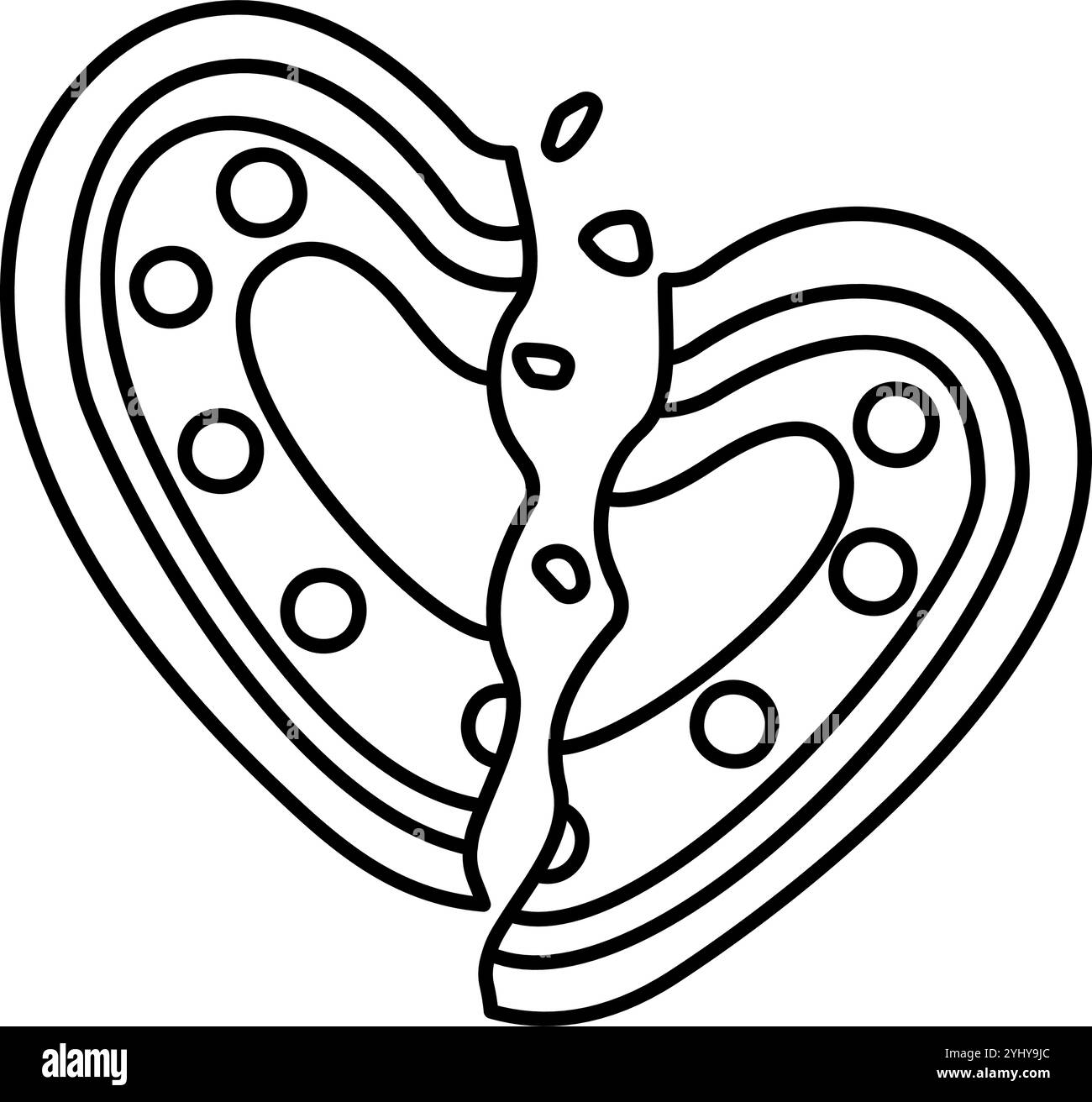 Style griffonnage cœur brisé en pain d'épices. Cuisson isolée des fêtes dessinée à la main en noir et blanc. Coloriage art thérapie, ligne art Noël doux. Illustration vectorielle Illustration de Vecteur