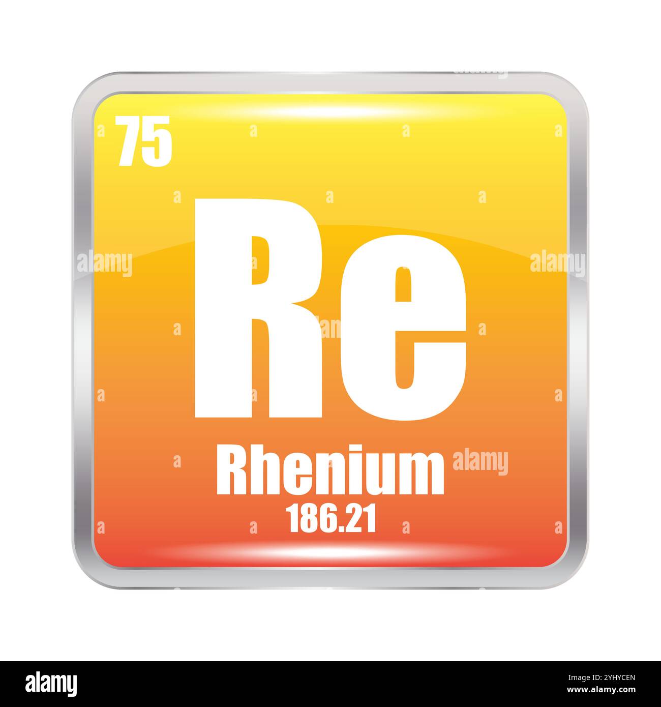 Icône de rhénium. Re élément chimique. Numéro atomique 75. Masse 186.21. Image carrée jaune. Symbole vectoriel. Illustration de Vecteur