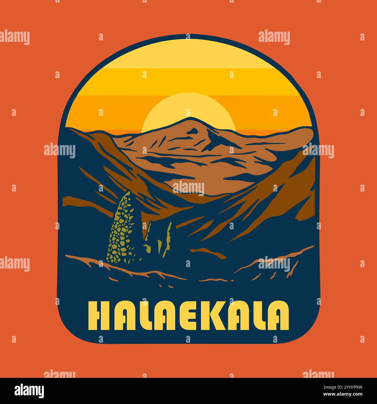 Illustration vectorielle graphique du COUCHER DE SOLEIL SUR LE PARC NATIONAL de HALAEKALA pour la marchandise de conception de vêtements, tels que les logos sur l'emballage du produit Banque D'Images