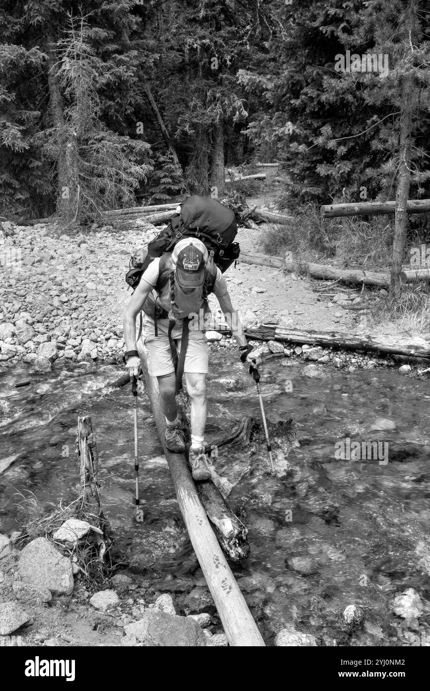 WY05461-00-BW....WYOMING - Femme âgée faisant la randonnée sur le sentier Hihgline/Continental Divide près du lac Green River dans la nature sauvage de Bridger, Bridger National Banque D'Images