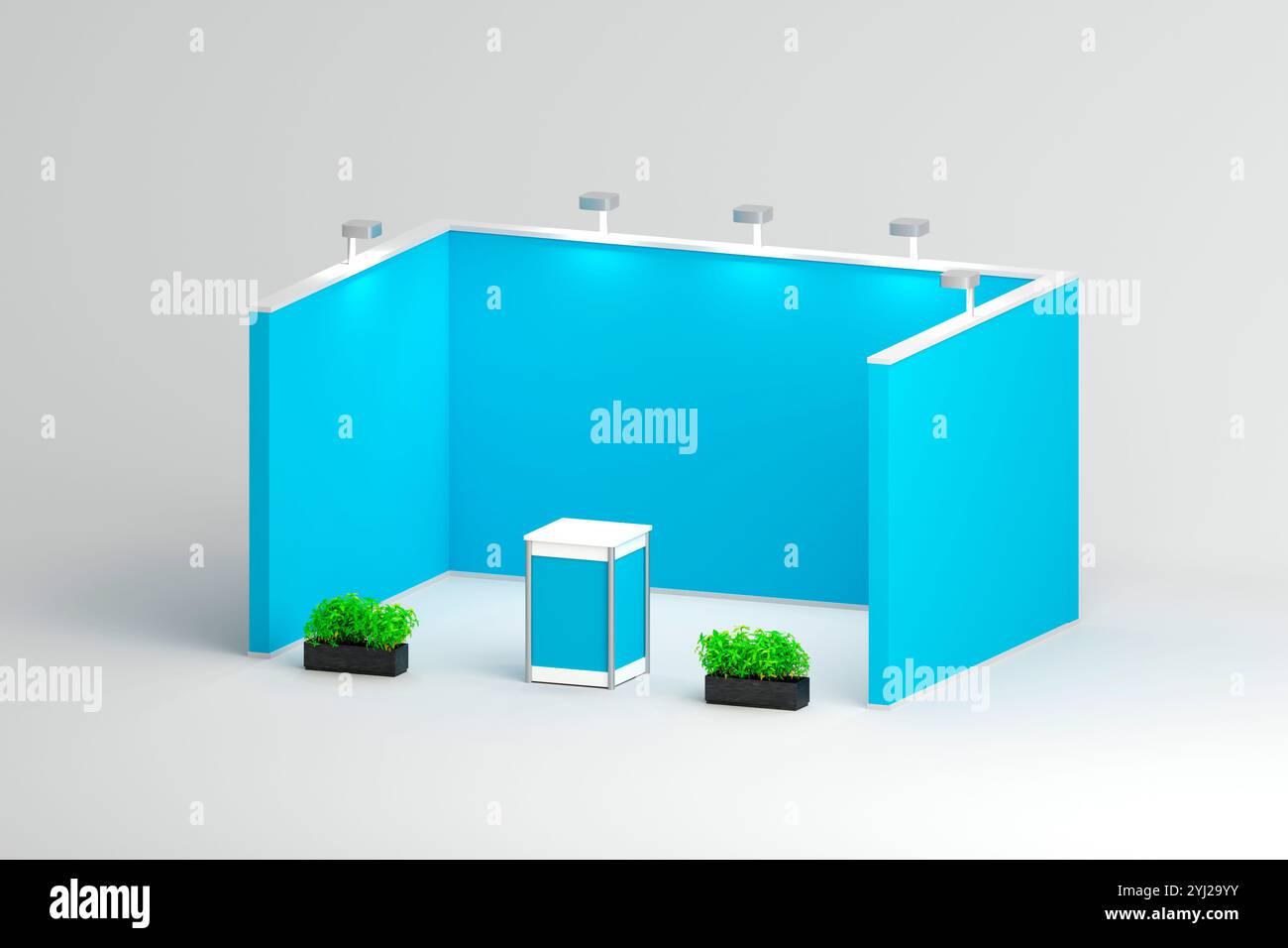 Un stand d'exposition bleu avec un podium central et des plantes vertes des deux côtés, éclairées par des projecteurs. Idéal pour les affichages de marque respectueux de l'environnement. Banque D'Images