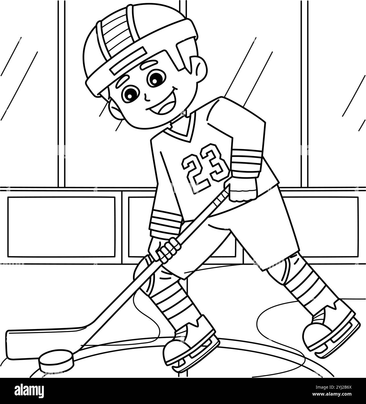Page de coloriage dribbling joueur de hockey sur glace Illustration de Vecteur